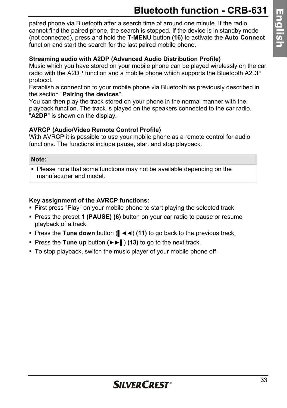 Bluetooth function - crb-631, En g lish | Silvercrest CRB-631 User Manual | Page 33 / 44