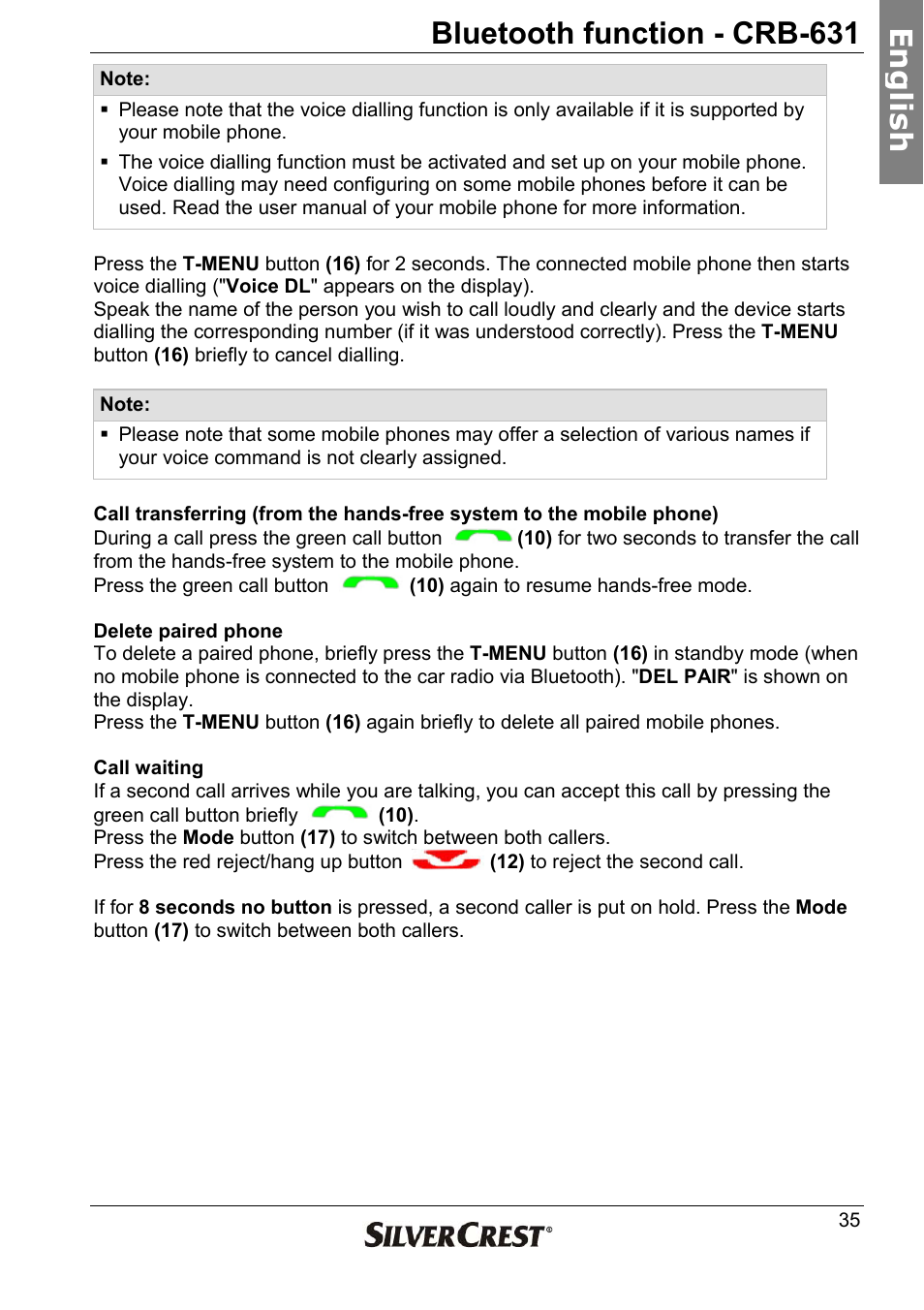 Bluetooth function - crb-631, En g lish | Silvercrest CRB-631 User Manual | Page 35 / 44