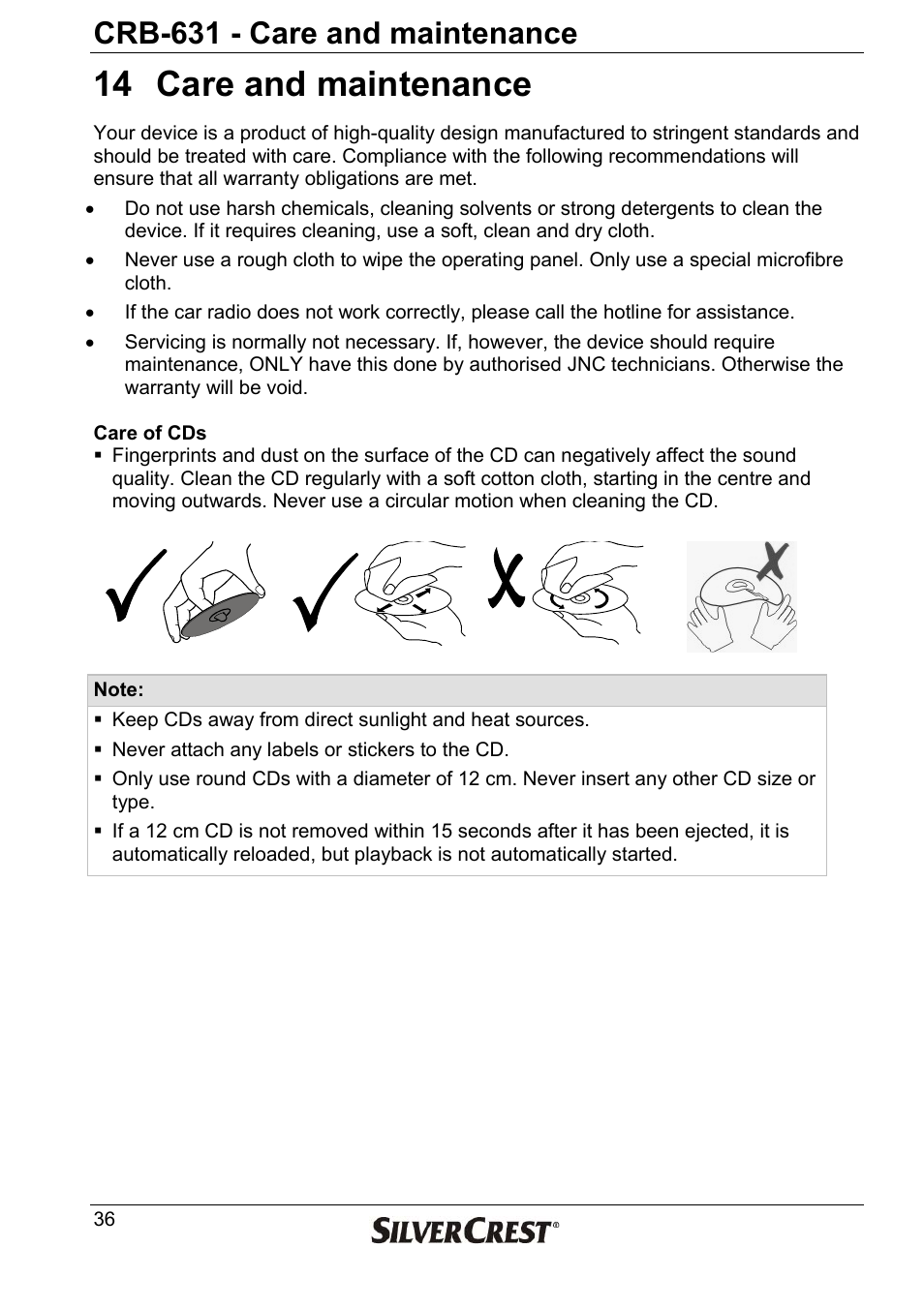 14 care and maintenance, Crb-631 - care and maintenance | Silvercrest CRB-631 User Manual | Page 36 / 44