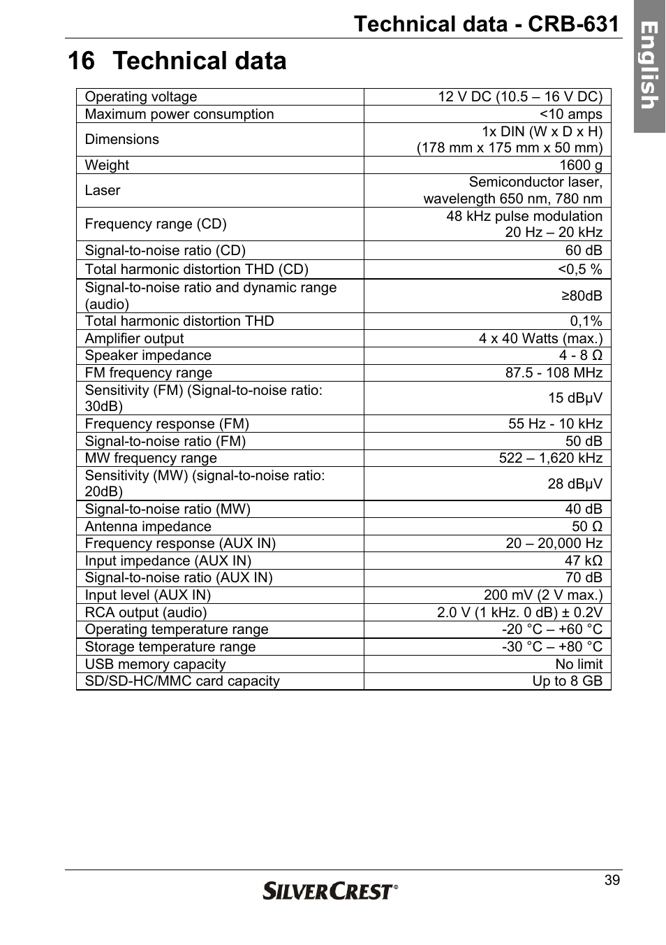 16 technical data, Technical data - crb-631, En g lish | Silvercrest CRB-631 User Manual | Page 39 / 44