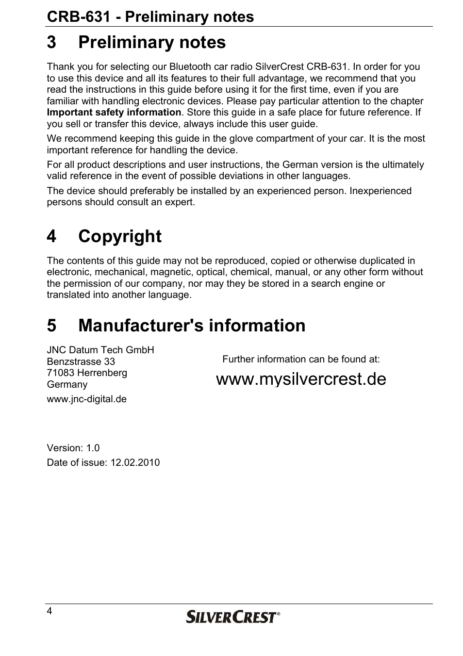 4 copyright, 5 manufacturer's information | Silvercrest CRB-631 User Manual | Page 4 / 44