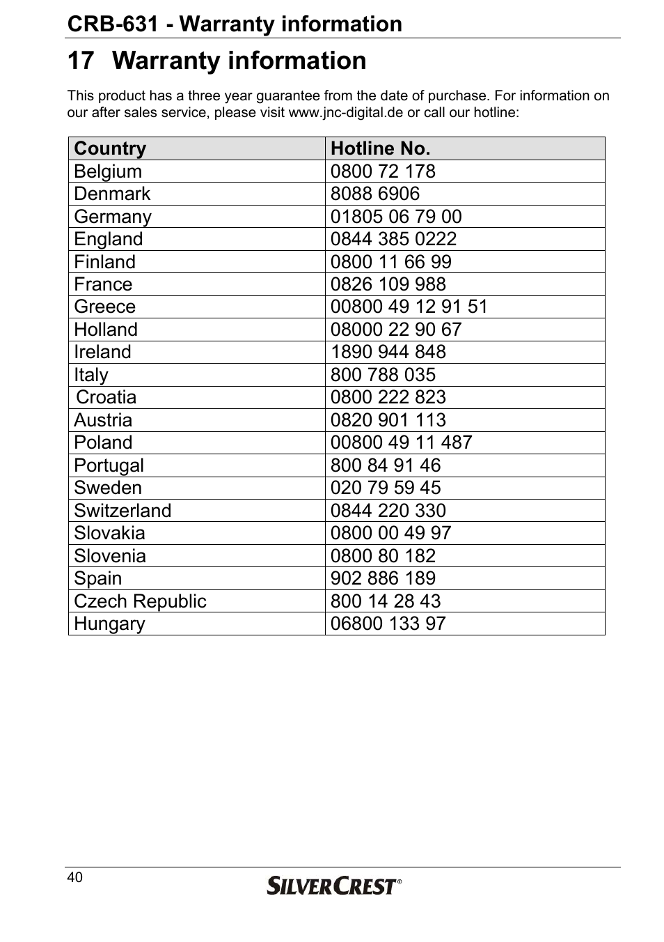 17 warranty information, Crb-631 - warranty information | Silvercrest CRB-631 User Manual | Page 40 / 44