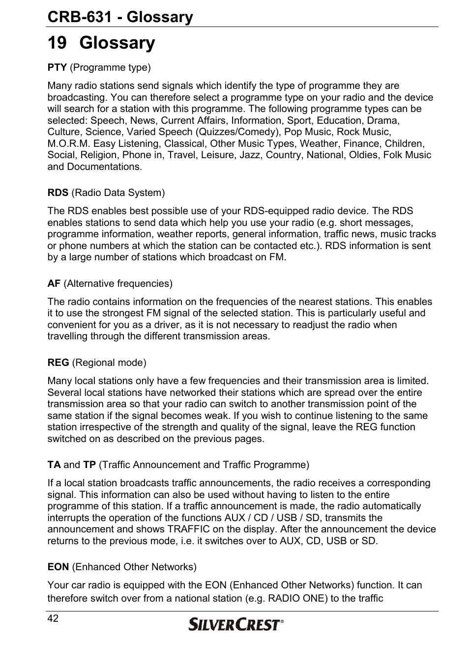 19 glossary, Crb-631 - glossary | Silvercrest CRB-631 User Manual | Page 42 / 44