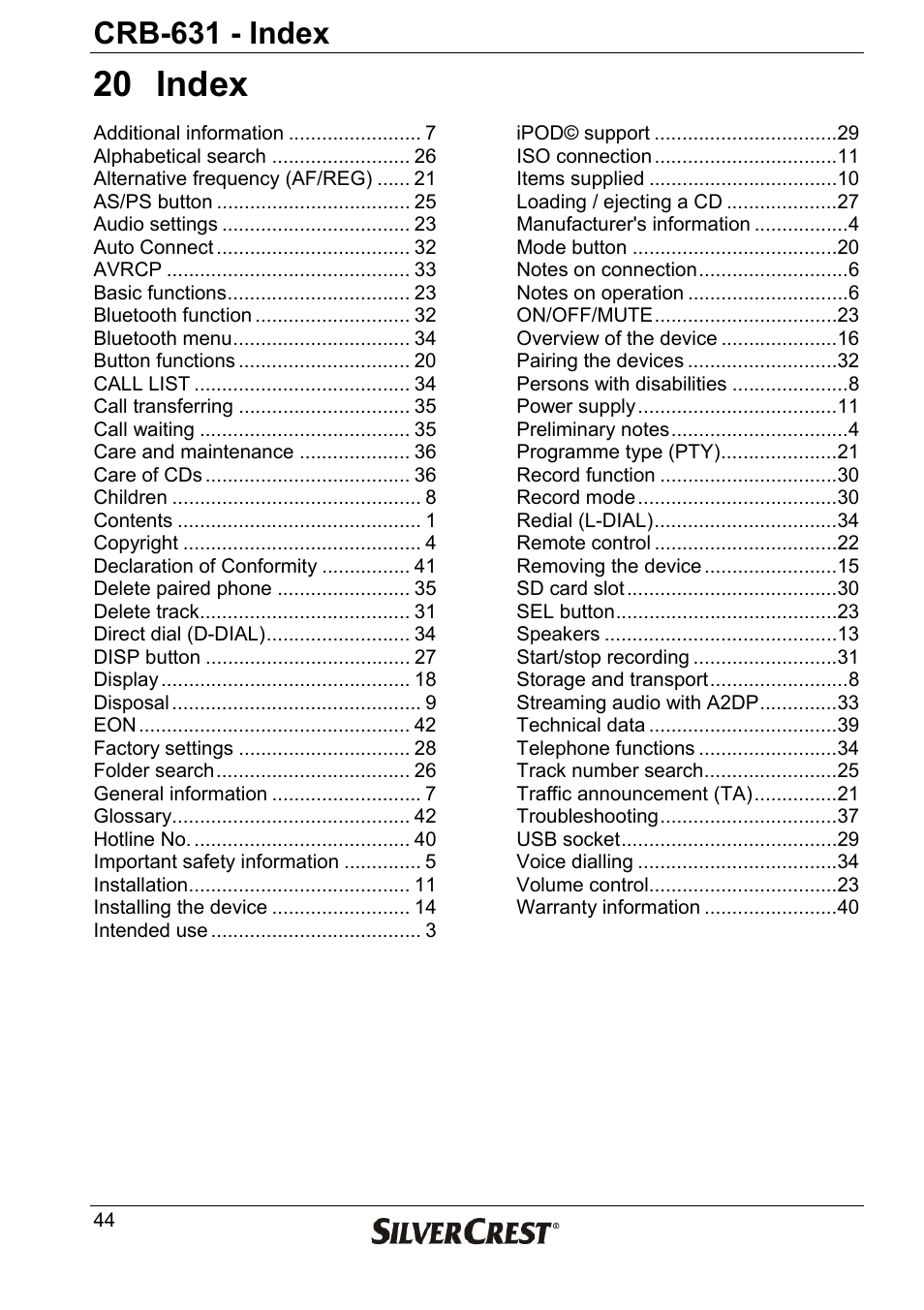 20 index, Crb-631 - index | Silvercrest CRB-631 User Manual | Page 44 / 44