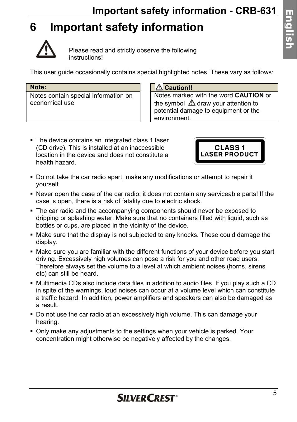 6 important safety information, Important safety information - crb-631, En g lish | Silvercrest CRB-631 User Manual | Page 5 / 44