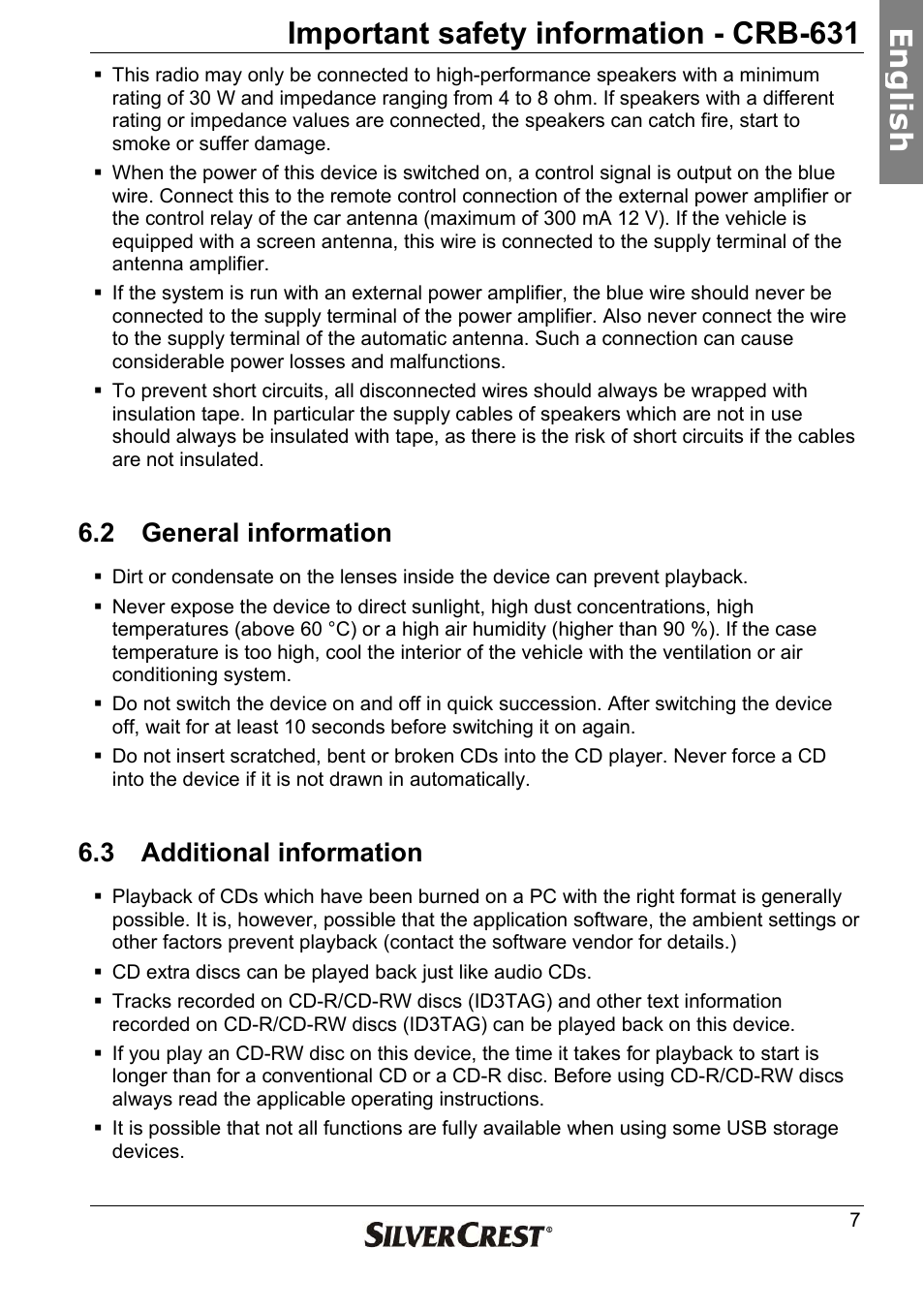 Important safety information - crb-631, En g lish, 2 general information | 3 additional information | Silvercrest CRB-631 User Manual | Page 7 / 44