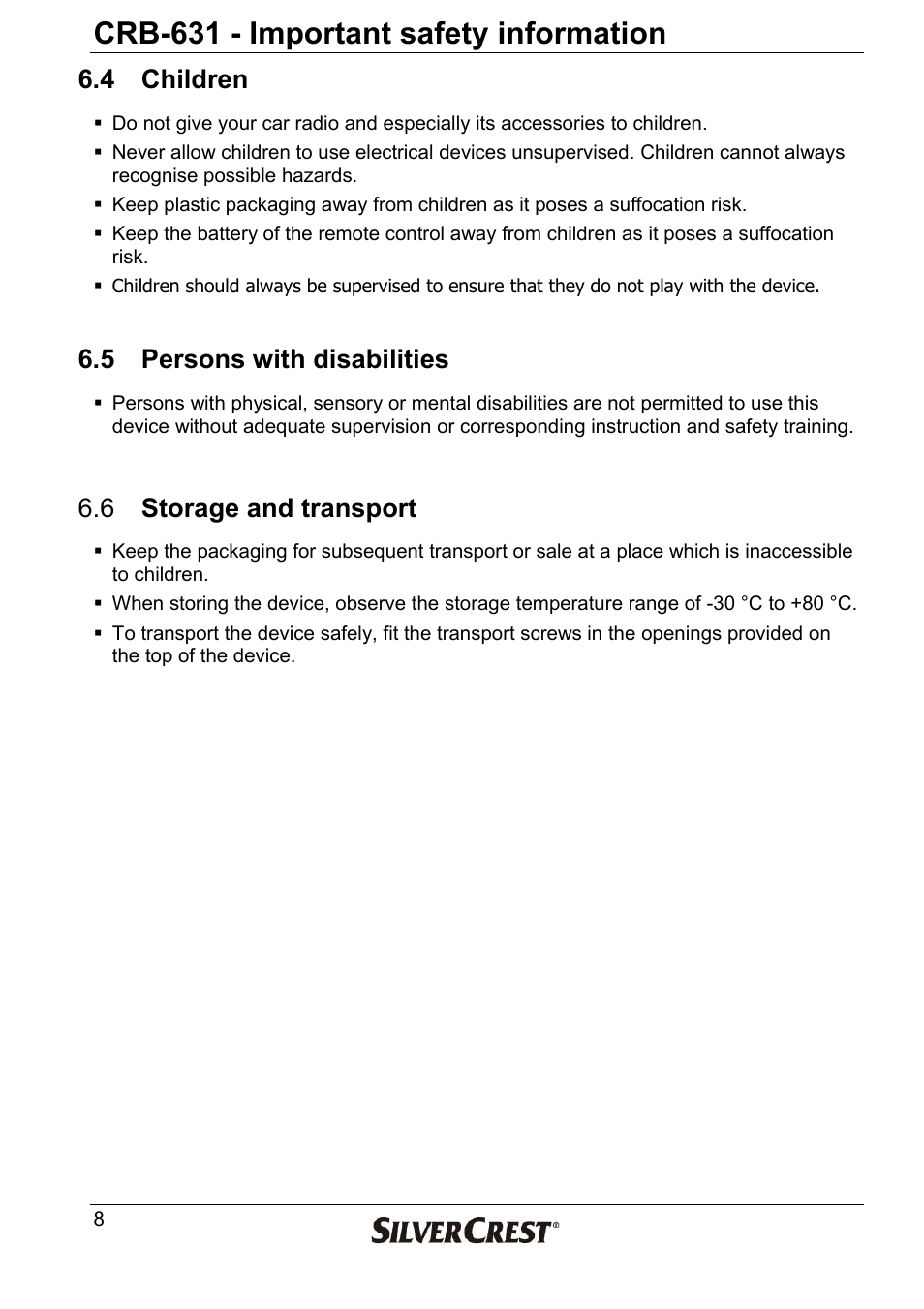 Crb-631 - important safety information, 4 children, 5 persons with disabilities | 6 storage and transport | Silvercrest CRB-631 User Manual | Page 8 / 44