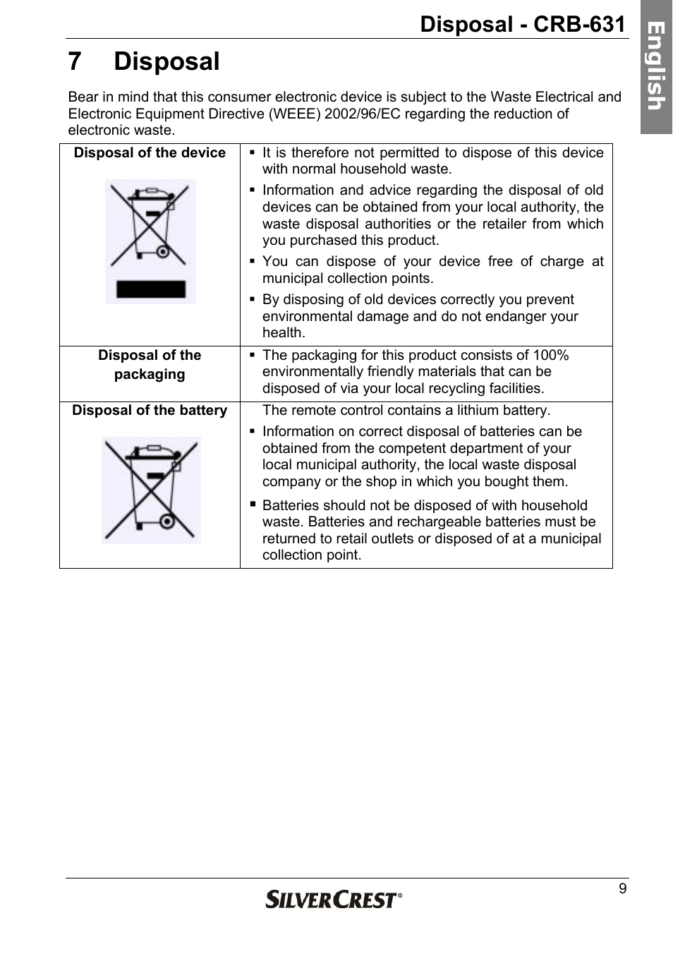 7 disposal, Disposal - crb-631, En g lish | Silvercrest CRB-631 User Manual | Page 9 / 44