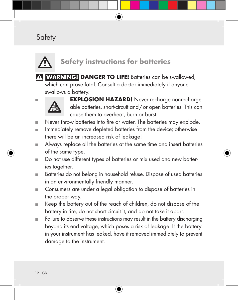 Safety, Safety instructions for batteries | Silvercrest Z31370A Z31370B User Manual | Page 12 / 83