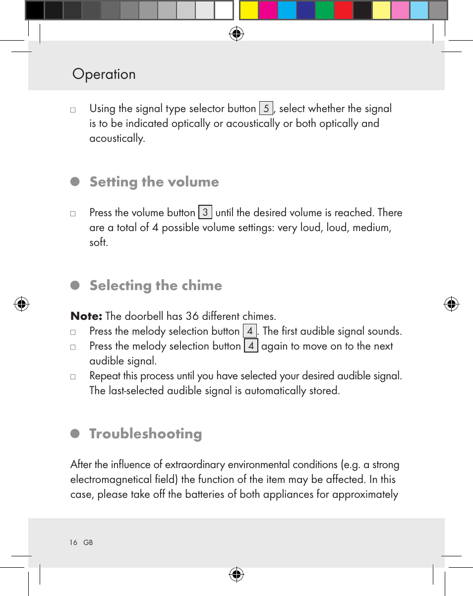 Operation, Setting the volume, Selecting the chime | Troubleshooting | Silvercrest Z31370A Z31370B User Manual | Page 16 / 83