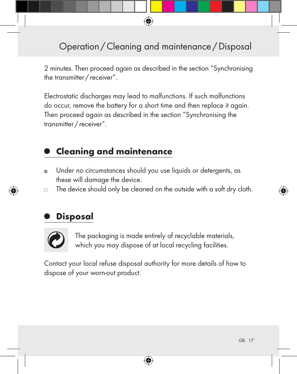 Operation / cleaning and maintenance / disposal, Cleaning and maintenance, Disposal | Silvercrest Z31370A Z31370B User Manual | Page 17 / 83