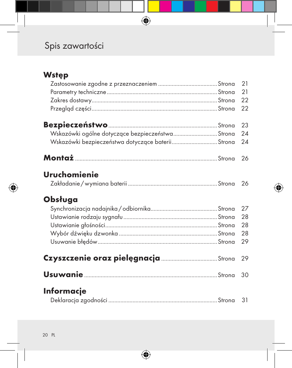 Spis zawartości, Wstęp, Bezpieczeństwo | Montaż, Uruchomienie, Obsługa, Czyszczenie oraz pielęgnacja, Usuwanie, Informacje | Silvercrest Z31370A Z31370B User Manual | Page 20 / 83