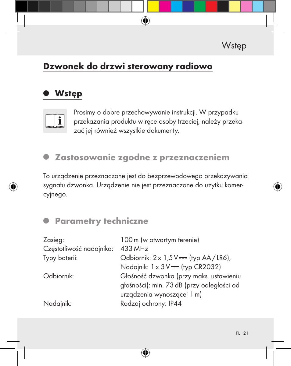 Dzwonek do drzwi sterowany radiowo, Wstęp, Zastosowanie zgodne z przeznaczeniem | Parametry techniczne | Silvercrest Z31370A Z31370B User Manual | Page 21 / 83