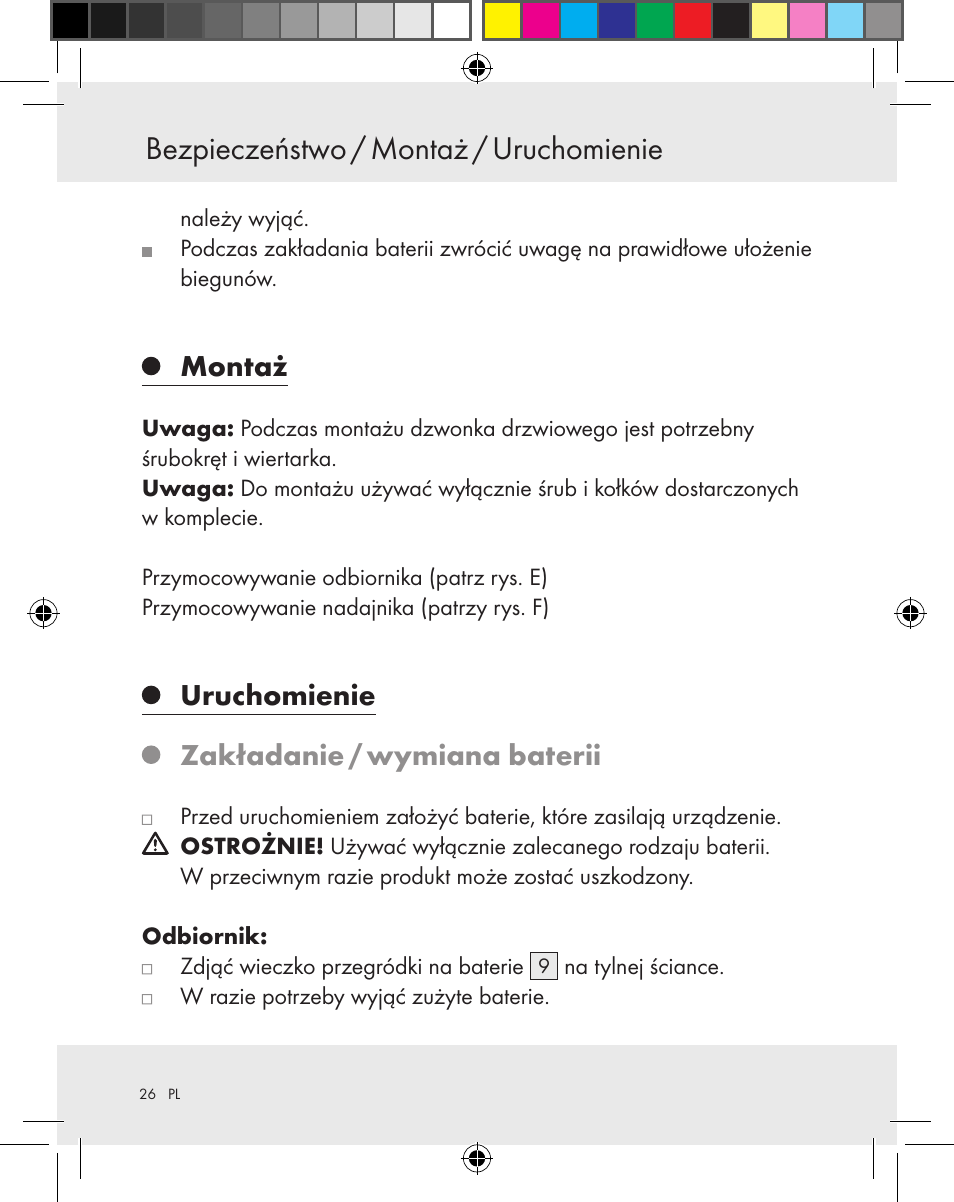 Bezpieczeństwo / montaż / uruchomienie, Montaż, Uruchomienie zakładanie / wymiana baterii | Silvercrest Z31370A Z31370B User Manual | Page 26 / 83