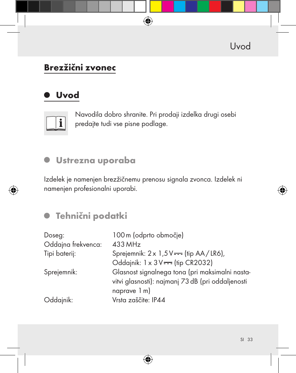 Brezžični zvonec, Uvod, Ustrezna uporaba | Tehnični podatki | Silvercrest Z31370A Z31370B User Manual | Page 33 / 83