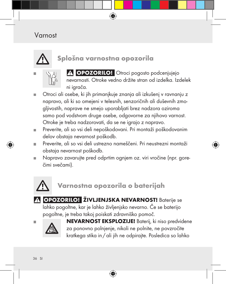 Varnost, Splošna varnostna opozorila, Varnostna opozorila o baterijah | Silvercrest Z31370A Z31370B User Manual | Page 36 / 83