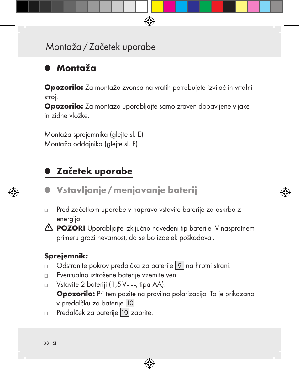 Montaža / začetek uporabe, Montaža, Začetek uporabe vstavljanje / menjavanje baterij | Silvercrest Z31370A Z31370B User Manual | Page 38 / 83