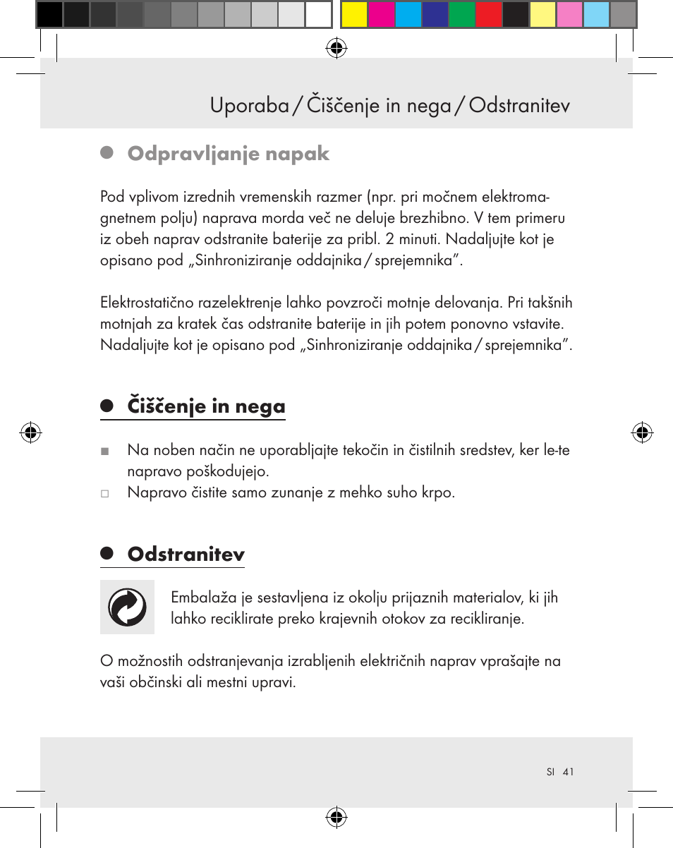 Uporaba / čiščenje in nega / odstranitev, Odpravljanje napak, Čiščenje in nega | Odstranitev | Silvercrest Z31370A Z31370B User Manual | Page 41 / 83
