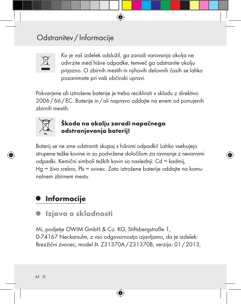 Odstranitev / informacije, Informacije, Izjava o skladnosti | Silvercrest Z31370A Z31370B User Manual | Page 42 / 83