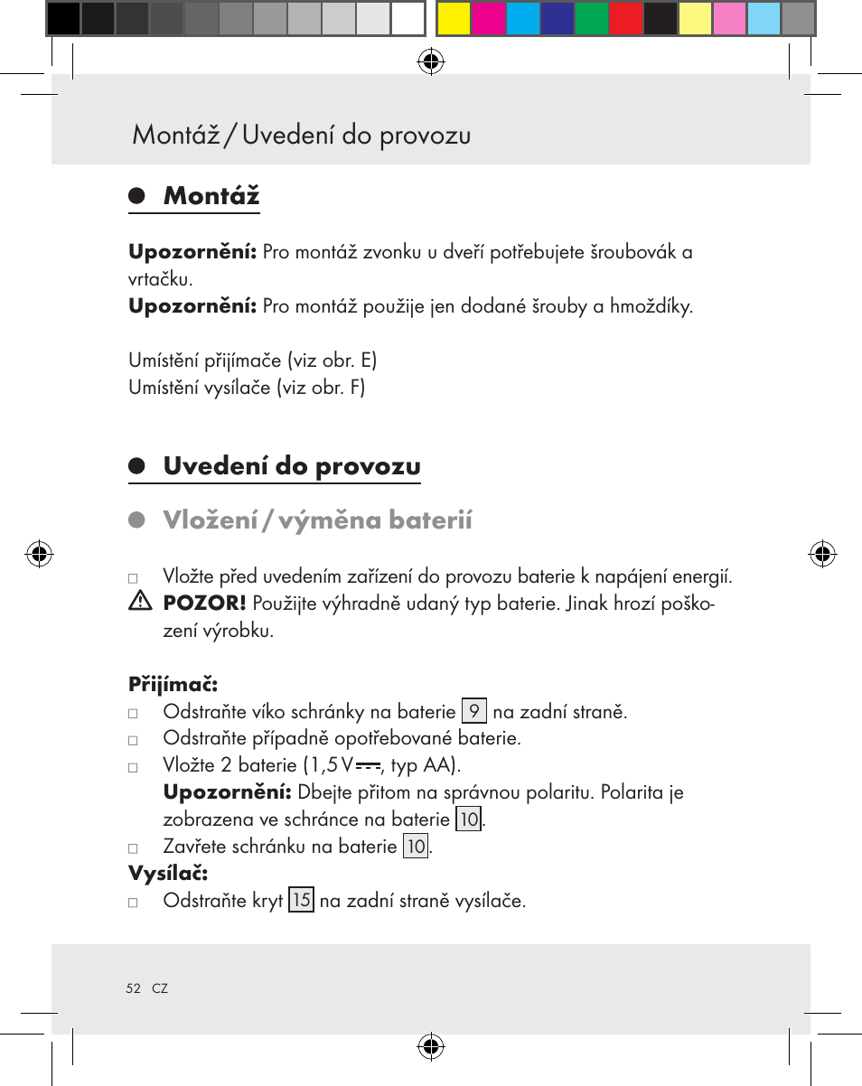 Montáž / uvedení do provozu, Montáž, Uvedení do provozu vložení / výměna baterií | Silvercrest Z31370A Z31370B User Manual | Page 52 / 83