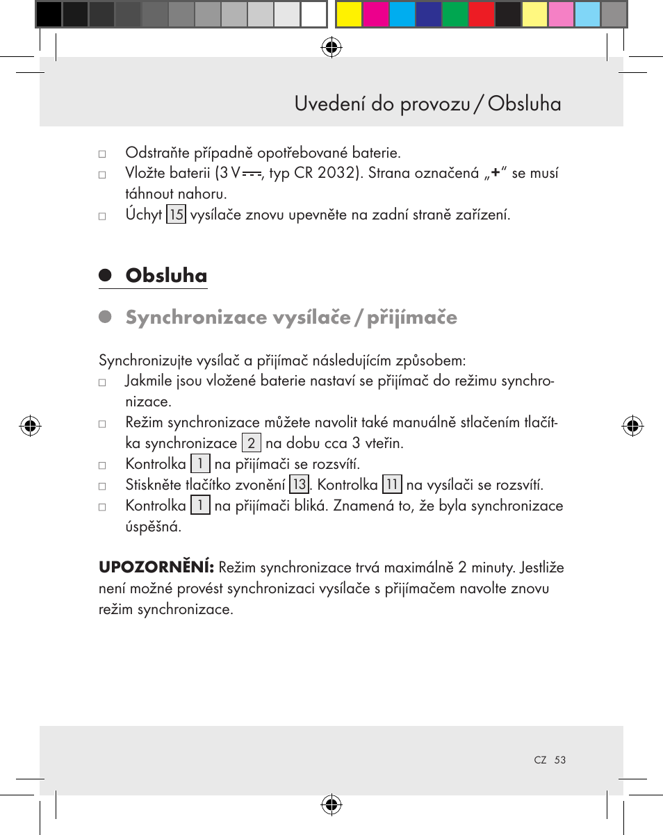 Uvedení do provozu / obsluha, Obsluha synchronizace vysílače / přijímače | Silvercrest Z31370A Z31370B User Manual | Page 53 / 83