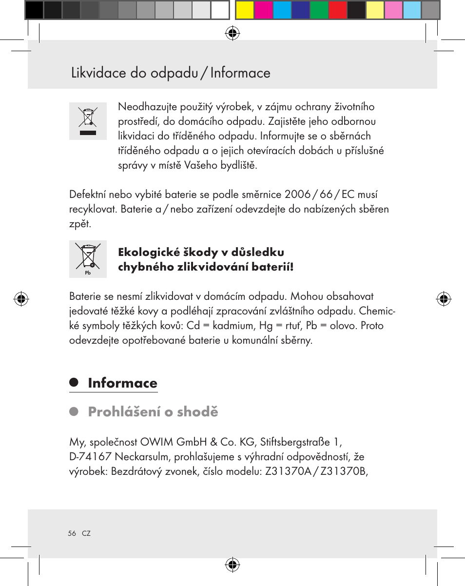 Likvidace do odpadu / informace, Informace, Prohlášení o shodě | Silvercrest Z31370A Z31370B User Manual | Page 56 / 83