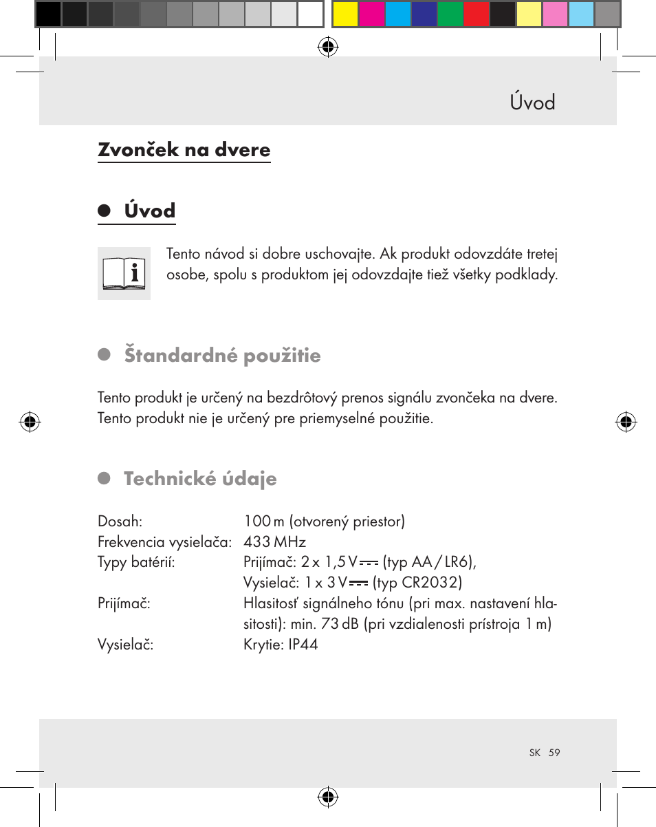 Zvonček na dvere, Úvod, Štandardné použitie | Technické údaje | Silvercrest Z31370A Z31370B User Manual | Page 59 / 83