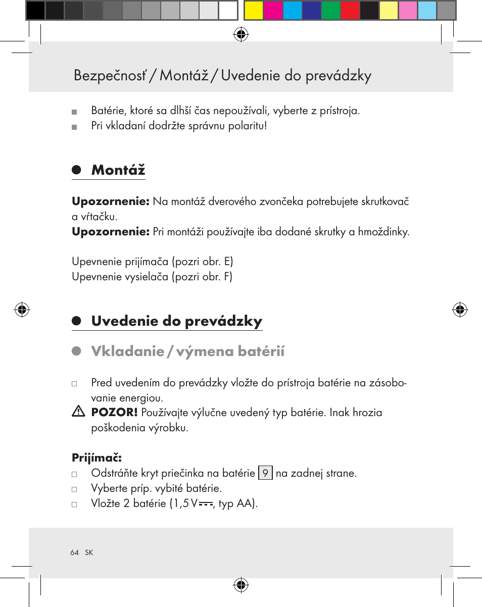 Bezpečnosť / montáž / uvedenie do prevádzky, Montáž, Uvedenie do prevádzky vkladanie / výmena batérií | Silvercrest Z31370A Z31370B User Manual | Page 64 / 83