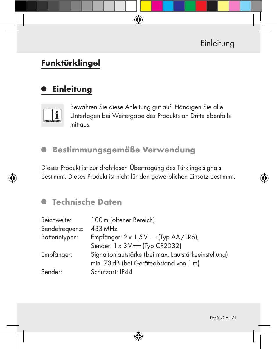 Einleitung, Funktürklingel, Bestimmungsgemäße verwendung | Technische daten | Silvercrest Z31370A Z31370B User Manual | Page 71 / 83