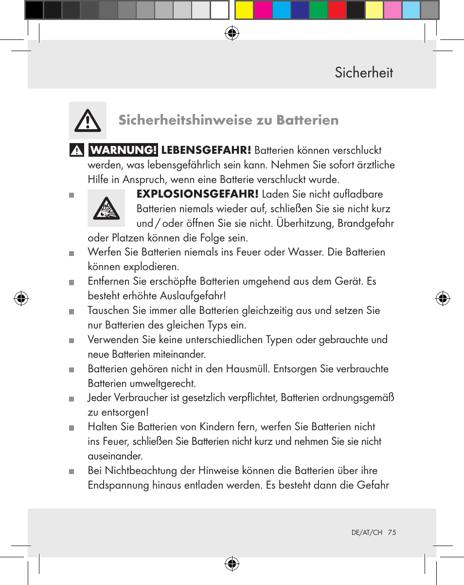 Sicherheit, Sicherheitshinweise zu batterien | Silvercrest Z31370A Z31370B User Manual | Page 75 / 83