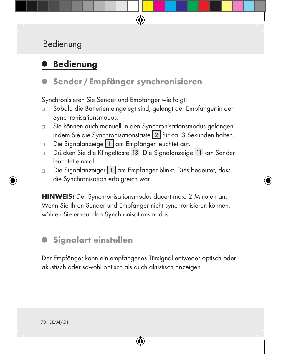 Bedienung, Sender / empfänger synchronisieren, Signalart einstellen | Silvercrest Z31370A Z31370B User Manual | Page 78 / 83