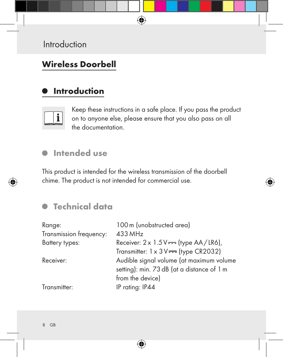 Introduction, Wireless doorbell introduction, Intended use | Technical data | Silvercrest Z31370A Z31370B User Manual | Page 8 / 83