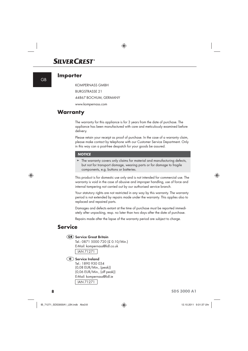Importer, Warranty, Service | Silvercrest SDS 3000 A1 User Manual | Page 10 / 60