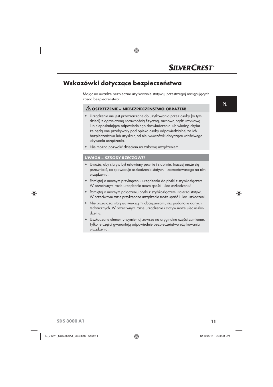 Wskazówki dotyczące bezpieczeństwa | Silvercrest SDS 3000 A1 User Manual | Page 13 / 60