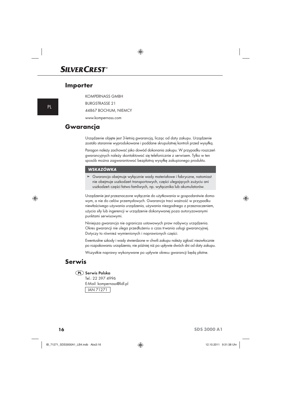 Importer, Gwarancja, Serwis | Silvercrest SDS 3000 A1 User Manual | Page 18 / 60