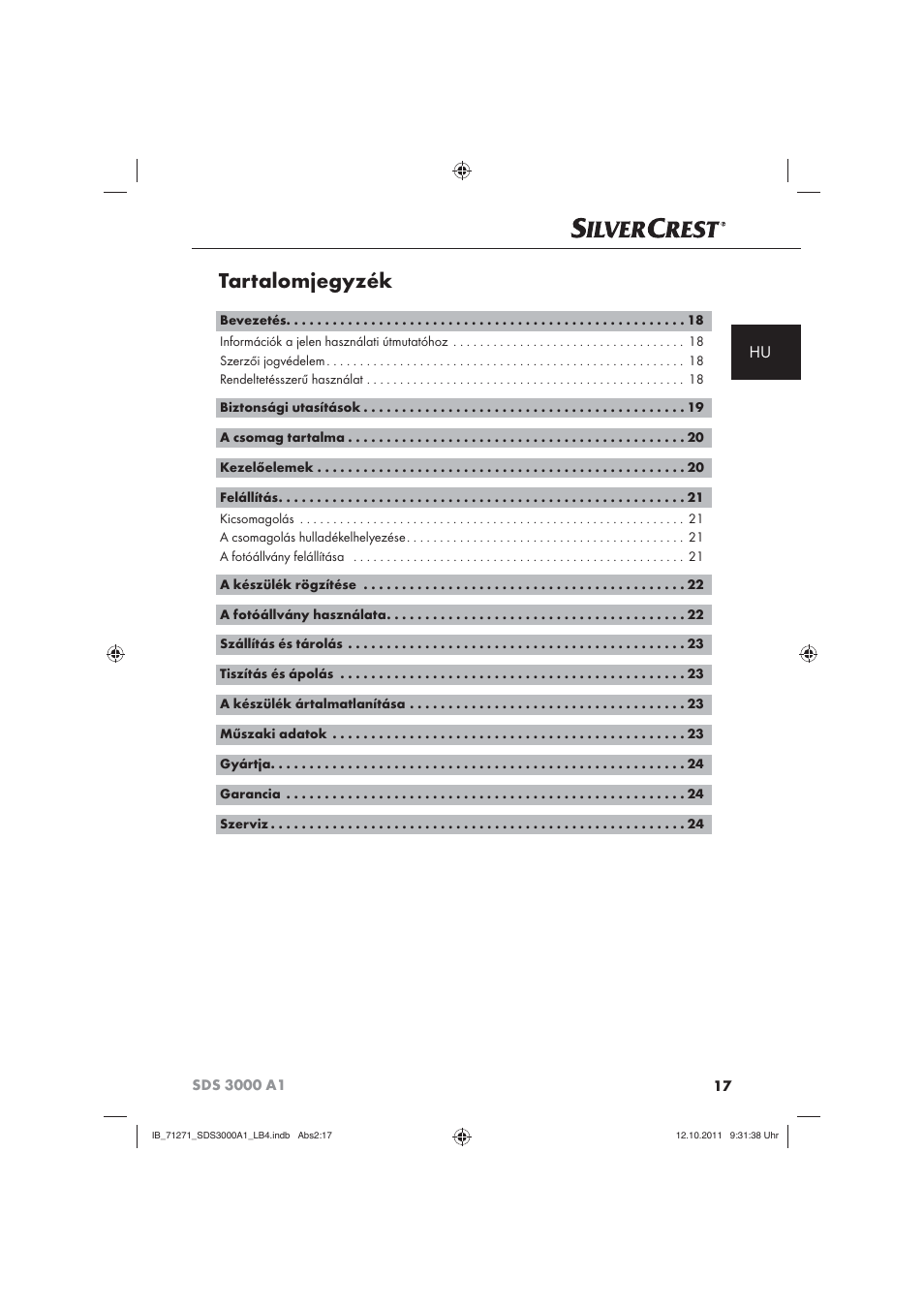 Tartalomjegyzék | Silvercrest SDS 3000 A1 User Manual | Page 19 / 60