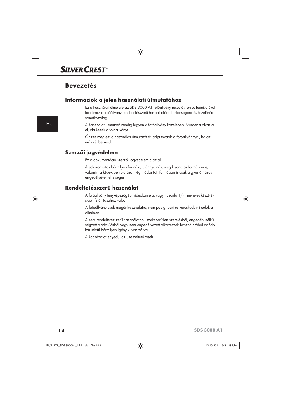 Bevezetés, Információk a jelen használati útmutatóhoz, Szerzői jogvédelem | Rendeltetésszerű használat | Silvercrest SDS 3000 A1 User Manual | Page 20 / 60