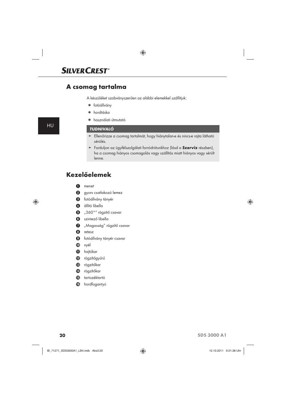 A csomag tartalma, Kezelőelemek | Silvercrest SDS 3000 A1 User Manual | Page 22 / 60