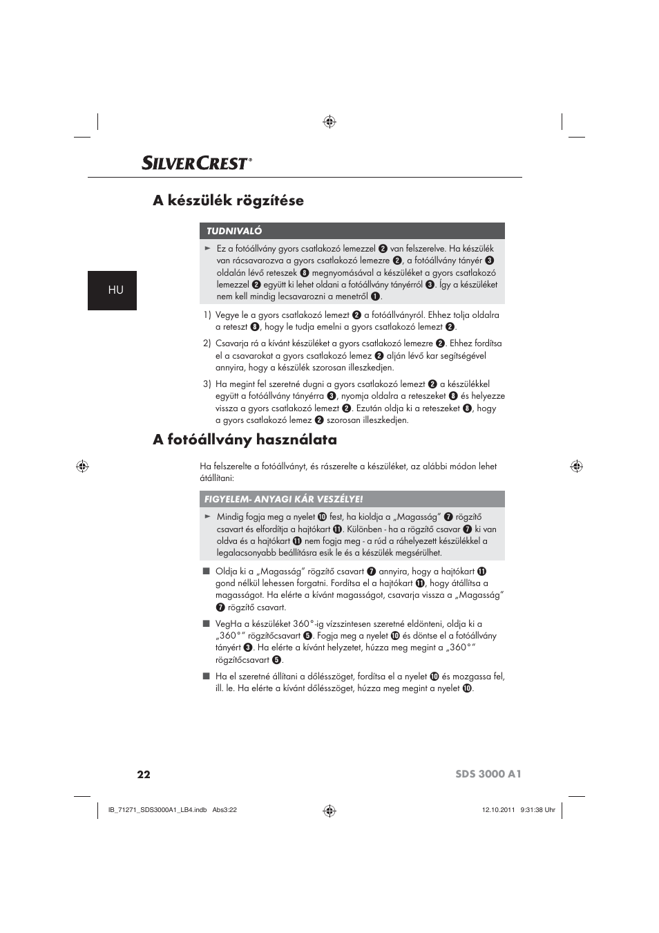 A készülék rögzítése, A fotóállvány használata | Silvercrest SDS 3000 A1 User Manual | Page 24 / 60
