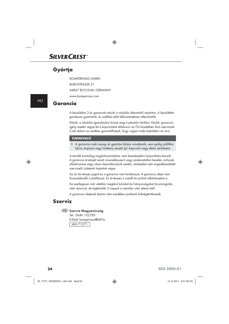 Gyártja, Garancia, Szerviz | Silvercrest SDS 3000 A1 User Manual | Page 26 / 60