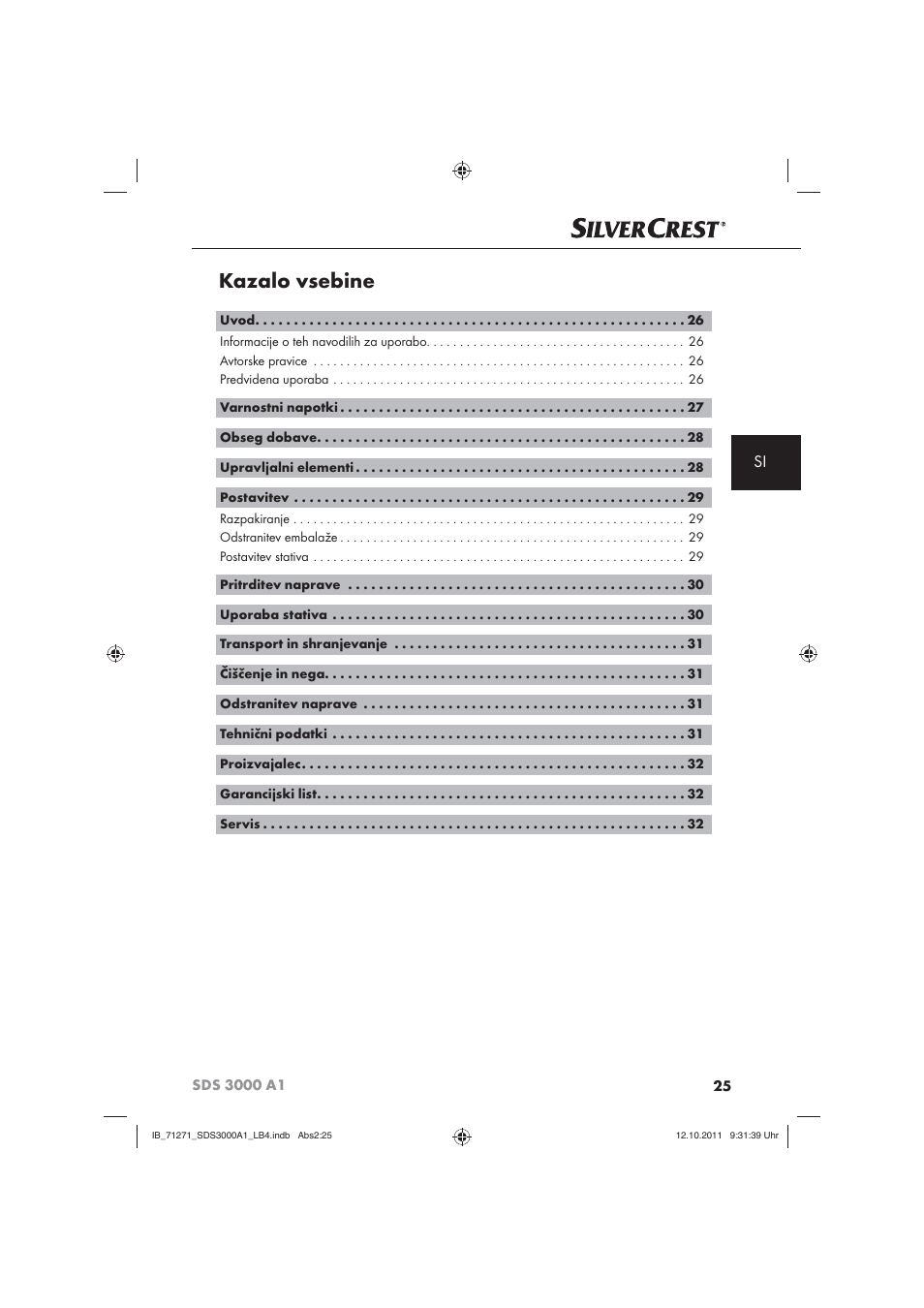 Kazalo vsebine | Silvercrest SDS 3000 A1 User Manual | Page 27 / 60