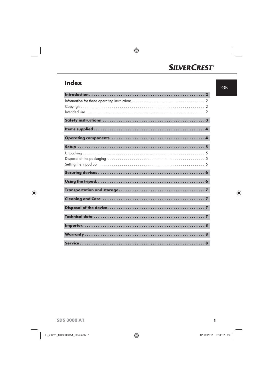 Index | Silvercrest SDS 3000 A1 User Manual | Page 3 / 60