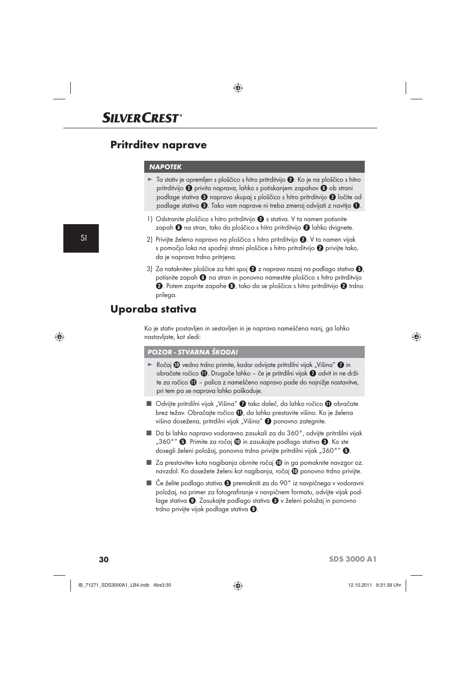 Pritrditev naprave, Uporaba stativa | Silvercrest SDS 3000 A1 User Manual | Page 32 / 60