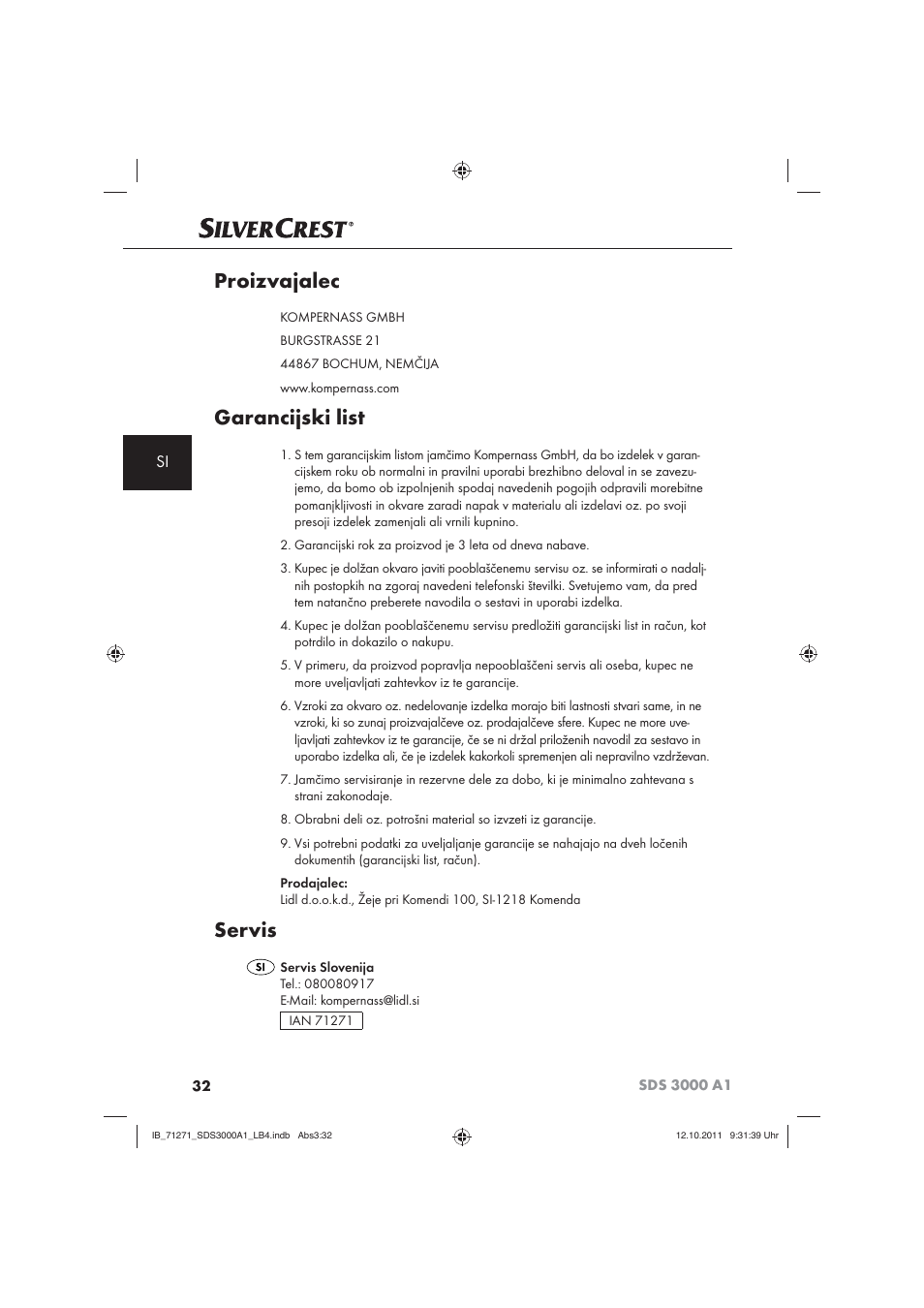 Proizvajalec, Garancijski list, Servis | Silvercrest SDS 3000 A1 User Manual | Page 34 / 60