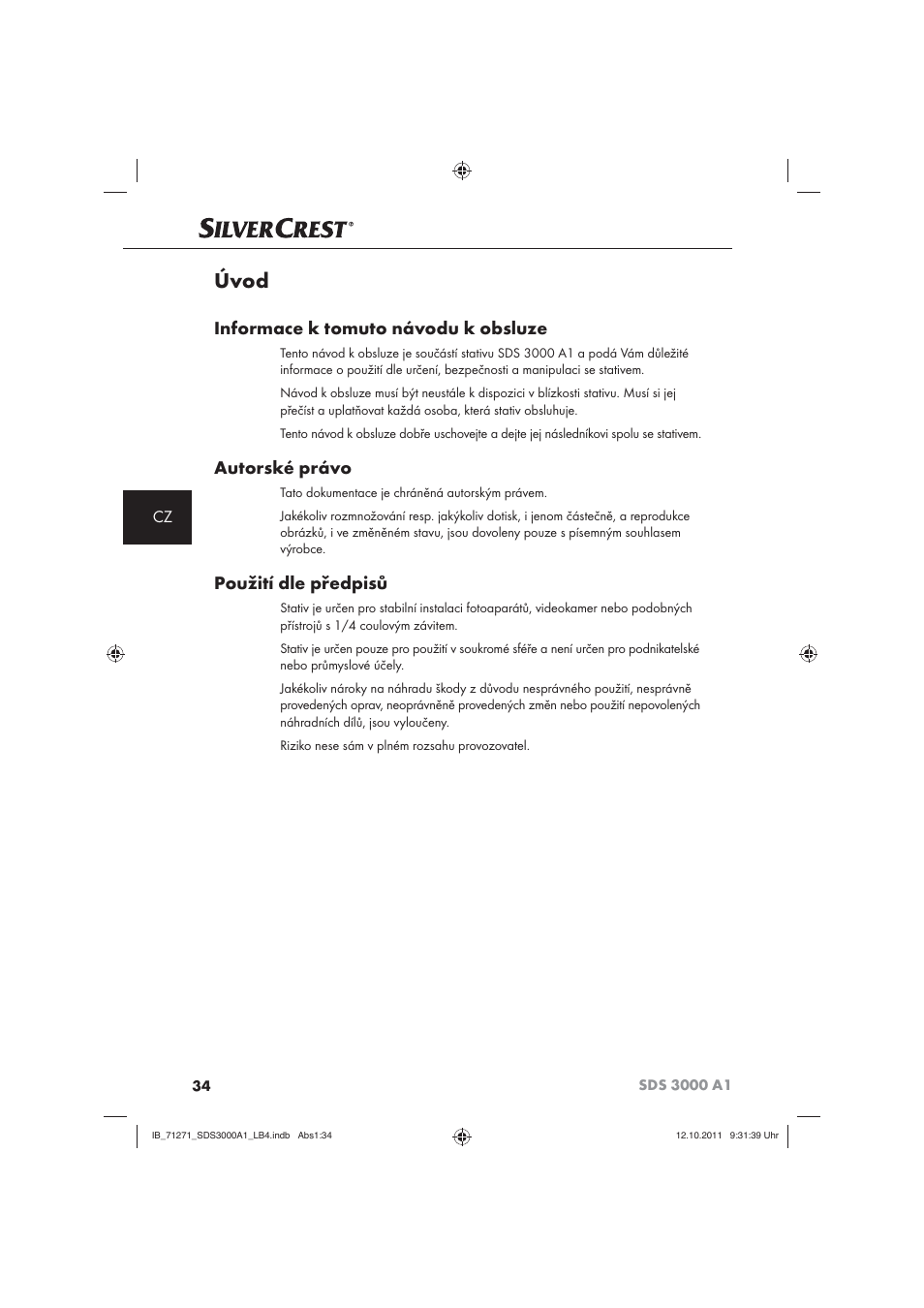 Úvod, Informace k tomuto návodu k obsluze, Autorské právo | Použití dle předpisů | Silvercrest SDS 3000 A1 User Manual | Page 36 / 60