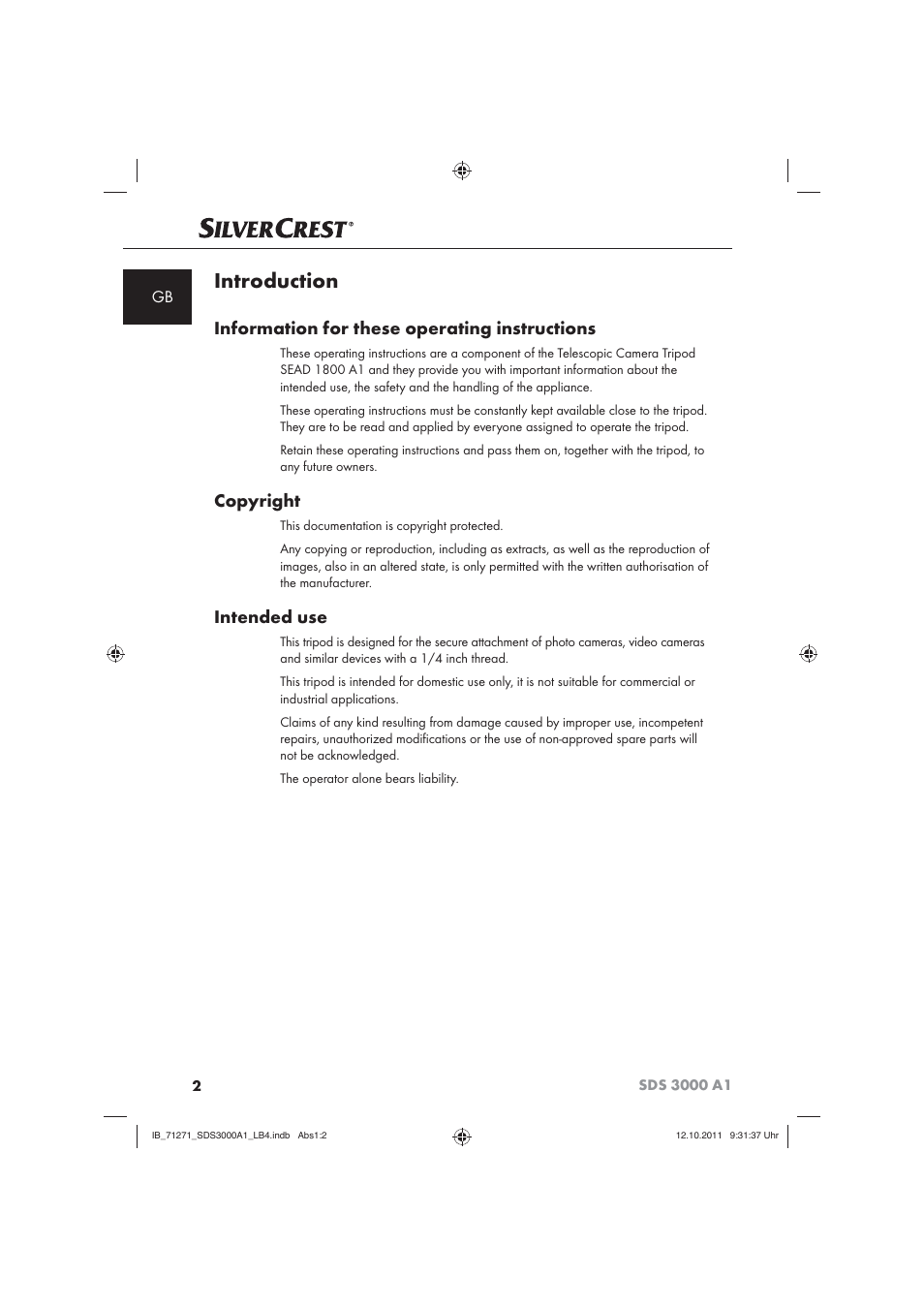 Introduction, Information for these operating instructions, Copyright | Intended use | Silvercrest SDS 3000 A1 User Manual | Page 4 / 60