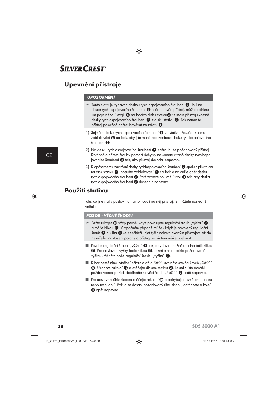 Upevnění přístroje, Použití stativu | Silvercrest SDS 3000 A1 User Manual | Page 40 / 60