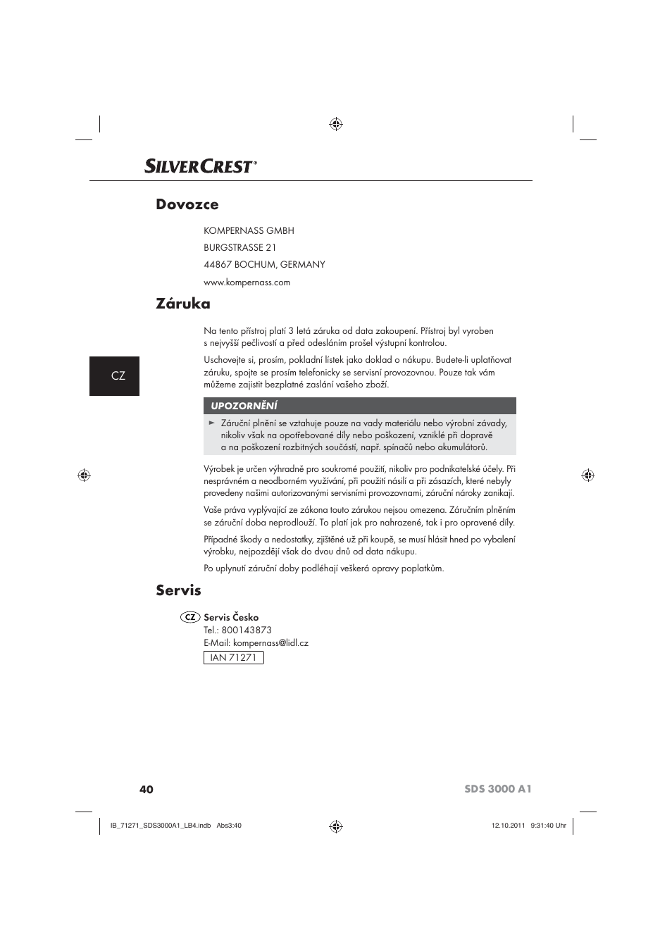 Dovozce, Záruka, Servis | Silvercrest SDS 3000 A1 User Manual | Page 42 / 60