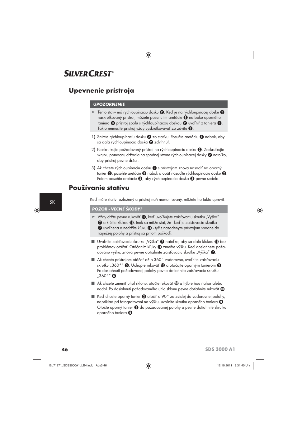 Upevnenie prístroja, Používanie statívu | Silvercrest SDS 3000 A1 User Manual | Page 48 / 60