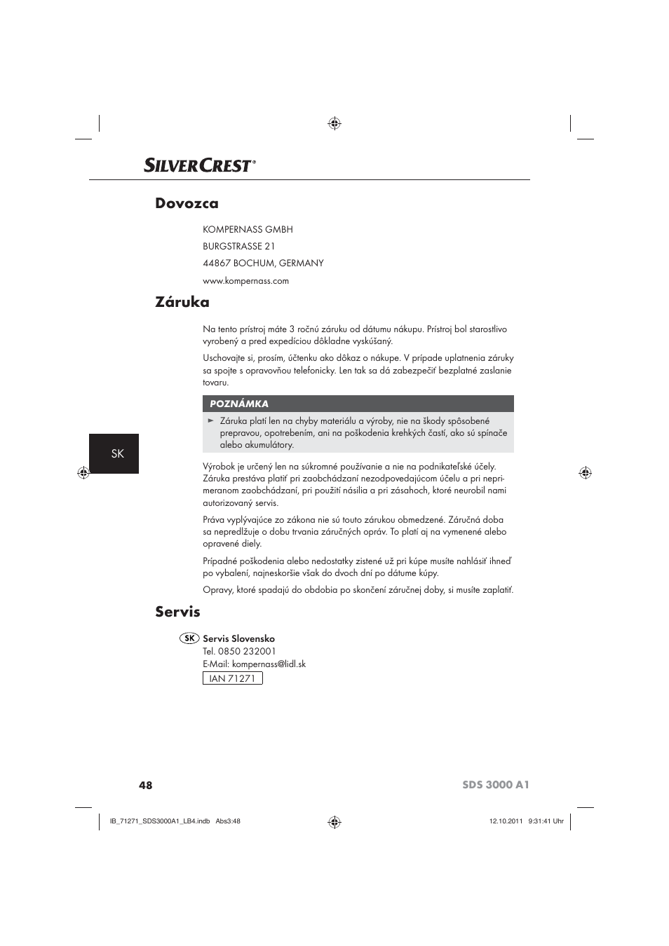 Dovozca, Záruka, Servis | Silvercrest SDS 3000 A1 User Manual | Page 50 / 60